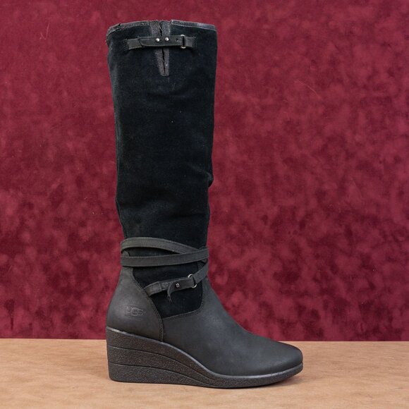 UGG Women Lesley Black Waterproof Suede Wedge Knee Boots sz 6 - Picture 3 of 8